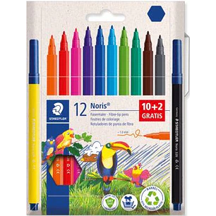 Staedtler Noris 326 Pack de 12 Rotulador de Punta Fina - Trazo 1mm - Tina Base de Agua - Tapa Ventilada - Colores surtidos