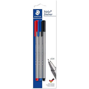Staedtler Triplus Fineliner 334 Pack de 3 Rotuladores de Punta Fina - Trazo de 0.3mm Aprox - Diseño Ergonomico - Tinta Base de Agua - Colores Surtidos