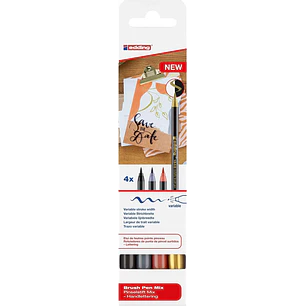 Edding 1340 Brush Pack de 4 Rotuladores - Punta Pincel Flexible - Trazo 1-3mm - Tinta con Base de Agua - Colores Oro, Negro, Gris y Albaricoque