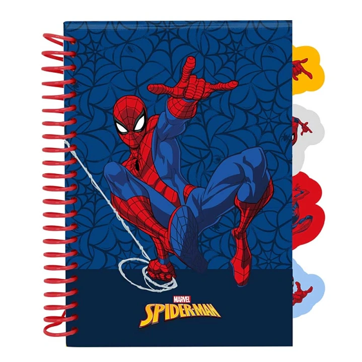 Safta Spider-Man Bloc de Notas - Formato A5 - 80 Hojas de 80 g/m2 - Espiral - Tapas Duras - 4 Separadores Interiores - 14.8x2.1cm - Color Azul Marino 1