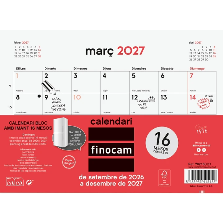 Finocam Neutro Bloc Calendario con Iman en Catalan - 16 Meses - Mes Vista - Formato S - 210x150mm - Listado de Festivos - Papel de 120g/m2 - Listado d 1