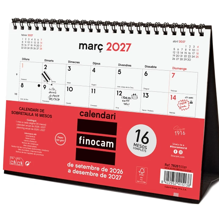 Finocam Neutro Calendario de Sobremesa en Catalan - 16 Meses - Mes Vista - Formato S - 210x150mm - Espiral Doble Metalica - Papel de 120g/m2 - Listado 1