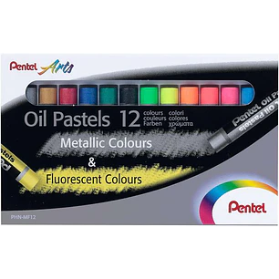 Pentel Oil Pastels Pack de 12 Pasteles Oleo - 6 Metalicos y 6 Fluorescentes - Blandos, Cremosos y de Secado Lento - Colores Metalicos y Fluorescentes 