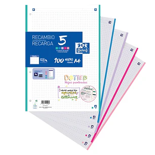 Oxford 5 Dotted Recambio de 100 Hojas Formato A4 Punteadas 4 Taladros - Banda de 5 Colores Pastel
