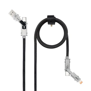 Nanocable Cable USB-C 4 en 1 - Soporta hasta 27W - Longitud 1m - Adaptador USB-A y Lightning Integrado - Indicador LED - Algodon Trenzado - Color Negr