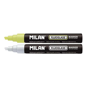 Milan Fluoglass Pack de 2 Rotuladores para Superficies Lisas - Punta Biselada - Trazo de 2 a 4mm - Tinta al Agua - Borrado Facil - Colores Surtidos
