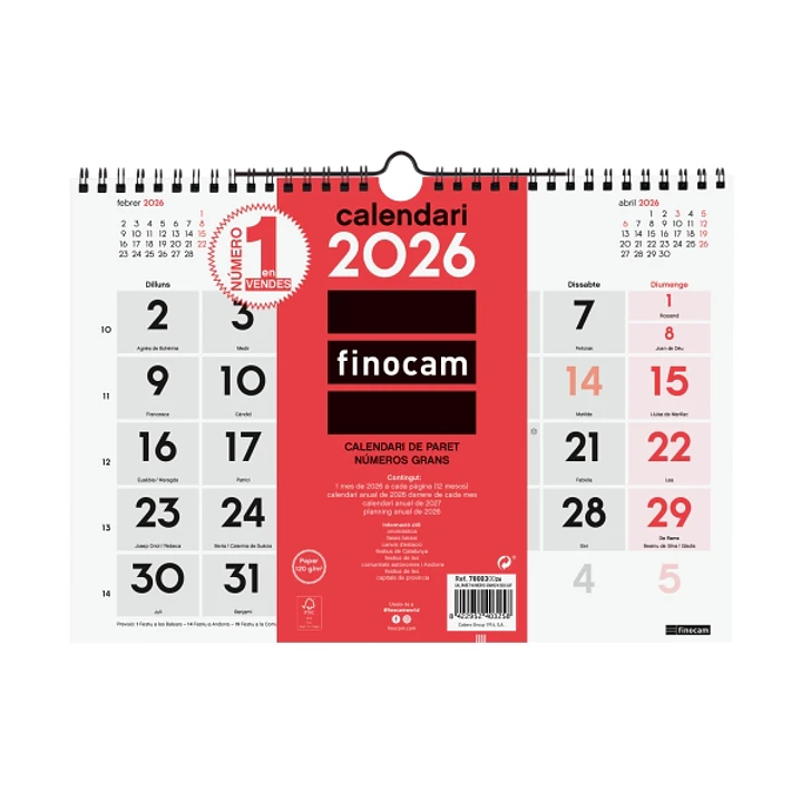Finocam Calendario de Pared en Catalan - Anual 2026 - Formato M - 300x5x220mm - Numeros Grandes - Color Blanco y Rojo 1