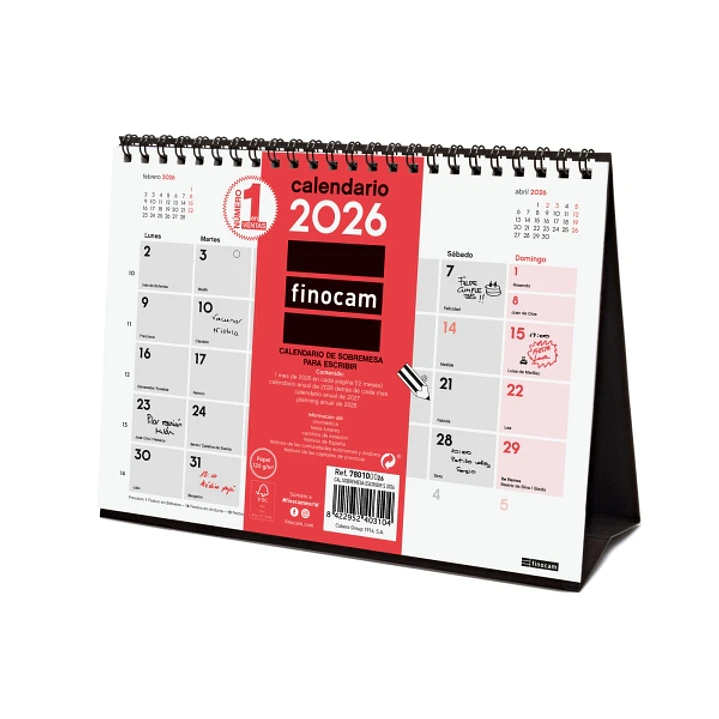 Finocam Calendario de Sobremesa - Anual 2026 - 210x70x155mm - Espacio para Escribir - Color Blanco y Rojo 1