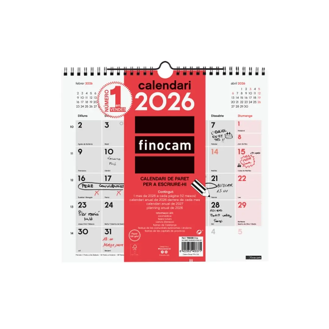 Finocam Calendario de Pared en Catalan - Anual 2026 - Formato M - 265x5x255mm - Espacio para Escribir - Color Blanco y Rojo 1