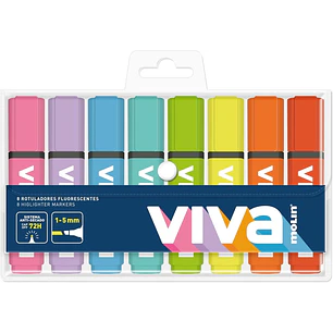 Molin Viva Pack de 8 Marcadores Fluorescentes - Trazo entre 1 y 5mm - Tinta con Base de Agua - Colores Surtidos