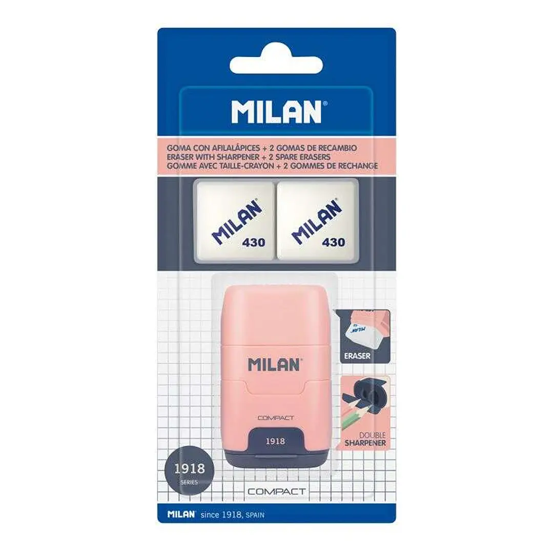 Milan Compact Serie 1918 Afilaborra Compact con 2 Gomas de Borrar - Sacapuntas Doble - Cuchilla de Seguridad - Color Rosa 1