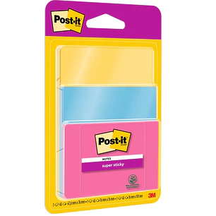 Post-It Super Sticky Pack de 3 Blocs de 45 Notas Adhesivas Reposicionables - Forma - Colores Surtidos
