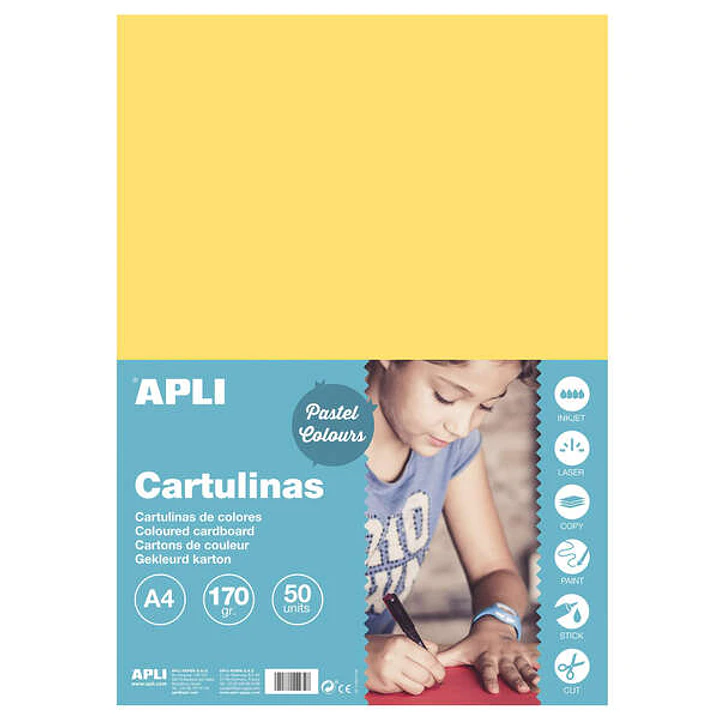 Apli Pack de 50 Cartulinas A4 170 g/m² - Color Amarillo Claro 1
