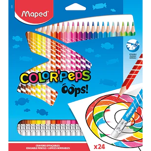 Maped Color´Peps Oops Pack de 24 Lapices de Colores Borrables - Mina 2.9mm - Con Goma de Borrar - Sin Madera - Colores Surtidos