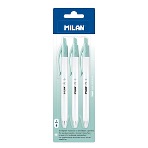 Milan P1 + Pack de 3 Boligrafos de Bola Retractiles - Tinta Azul - Punta Redonda 1mm - Superficie Antibacteriana - Color Blanco