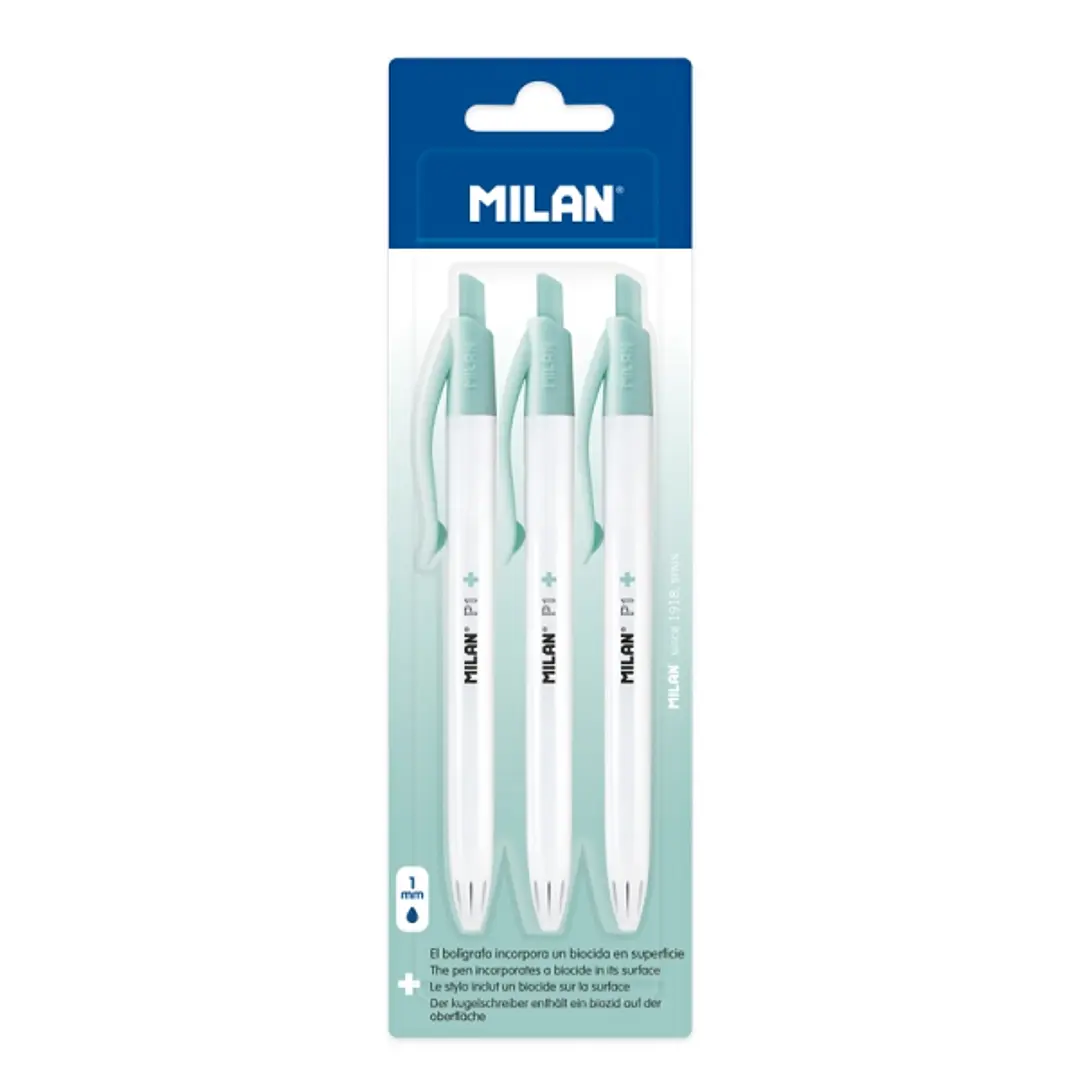 Milan P1 + Pack de 3 Boligrafos de Bola Retractiles - Tinta Azul - Punta Redonda 1mm - Superficie Antibacteriana - Color Blanco 1