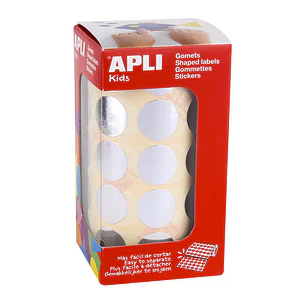 Apli Gomets Redondos Plata Metalizado Ø 20mm - 59 Hojas Pretroqueladas - 1770 Gomets por Rollo - Ideal para Escuelas y Talleres Infantiles - Cumple No