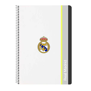 Safta Real Madrid Cuaderno Espiral - Tapas Duras - 80 Hojas A4 con Cuadriculada 4X4mm - Formato Folio - 21.5x31x1cm - Color Blanco y Negro
