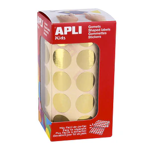 Apli Gomets Redondos Oro Metalizado - Tamaño Ø 20mm - Adhesivo Permanente - 1770 Gomets por Rollo - Ideal para Actividades Creativas y Educativas