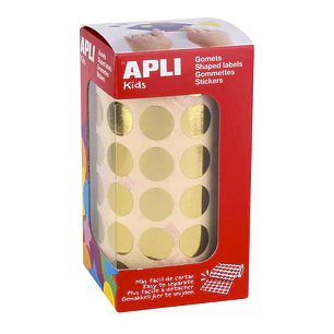 Apli Gomets Redondos Oro Metalizado - Ø 15mm - 2832 Gomets por Rollo - Adhesivo Permanente - Ideal para Escuelas y Talleres Infantiles