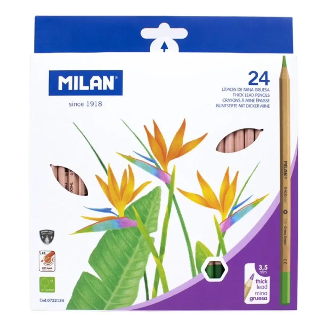 Milan Pack de 24 Lapices Hexagonales de Colores - Mina Gruesa 3.5mm - Resistente a la Rotura - Madera Certificada FSC - Colores Surtidos 1