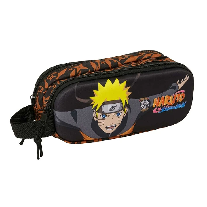 Safta Naruto Portatodo 3D - 2 Compartimentos con Cremallera - Asa Lateral - Capacidad 1L - 21x8x6cm - Color Negro y Naranja 1