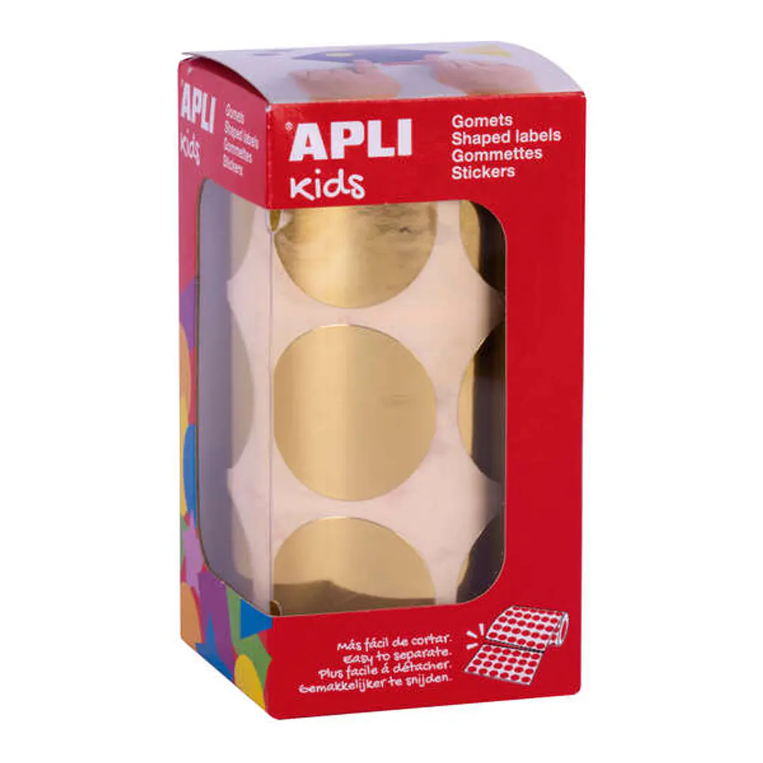 Apli Gomets Redondos Oro Metalizado - Ø33mm - 59 Hojas Pretroqueladas - 708 Gomets por Rollo - Cumplen Normas EN-71 y FSC - Adhesivo Base Agua - Libre 1