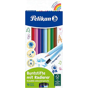 Pelikan Caja de 12 Lapices de Colores Borrables Hexagonales - con Goma - Mina Antirotura - Certificacion FSC