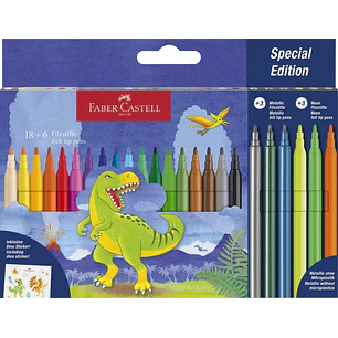 Faber-Castell Edicion Dinosaurios Pack de 24 Rotuladores de Colores - 18 Colores Clasicos + 3 Colores Metalizados + 3 Colores Neon - Incluye Pegatinas