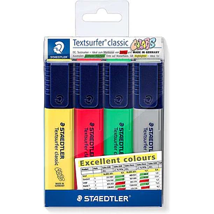 Staedtler Textsurfer Classic 364 Pack de 4 Marcadores Fluorescentes - Punta Biselada 1 - 5mm Aprox - Secado Rapido - Colores Surtidos