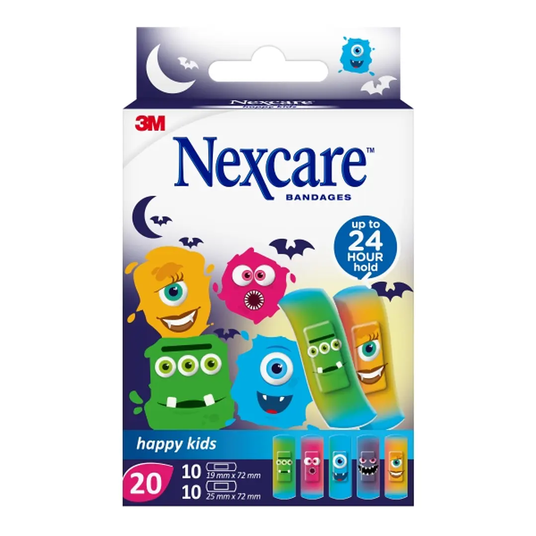 Nexcare Happy Kids Monsters Pack de 20 Apositos Surtidos - Transpirables - para Pieles Delicadas - Color Estampado Infantil 1