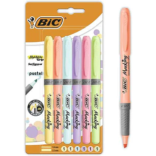 Bic Highlighter Grip Pack de 6 Marcadores Fluorescentes Pastel - Tinta con Base de Agua - Punta Biselada - Trazo entre 1.60 y 3.30mm - Colores Surtido