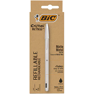 Bic Cristal Re´new Pack de Boligrafo Recargable de Bola + 2 Recambios - Punta Redonda de 1.0mm - Trazo 0.32mm - Tinta con Base de Aceite - Cuerpo Meta