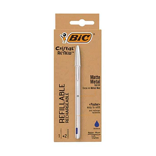 Bic Cristal Re´new Pack de Boligrafo Recargable de Bola + 2 Recambios - Punta Redonda de 1.0mm - Trazo 0.32mm - Tinta con Base de Aceite - Cuerpo Meta