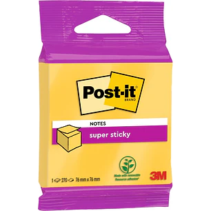 Post-It Super Sticky Cubo de 270 Notas Adhesivas Reposicionables - Forma Cuadrada - 76x76mm - Color Amarillo