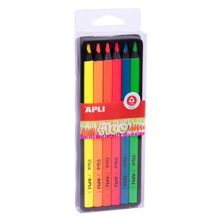 Apli Lapices Jumbo Fluo Pack con 6 Lapices de Colores Jumbo - 5mm de Grosor - Forma Triangular para Mejor Sujecion y Cobertura - Colores Fluo Surtidos 1