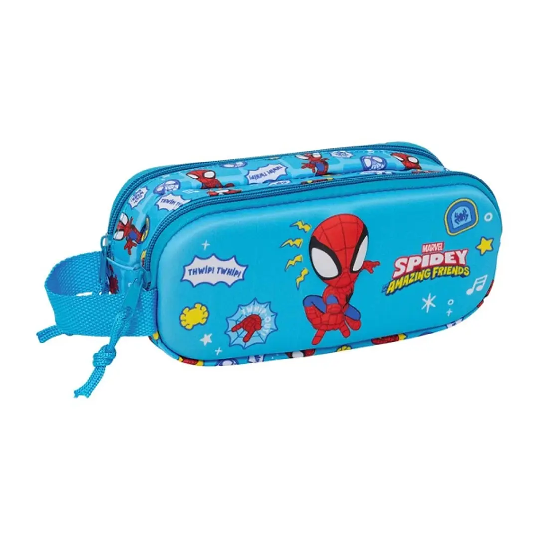 Safta Spidey Portatodo 3D - 2 Compartimentos con Cremallera - Asa Lateral - Capacidad 1L - 21x8x6cm - Color Azul 1