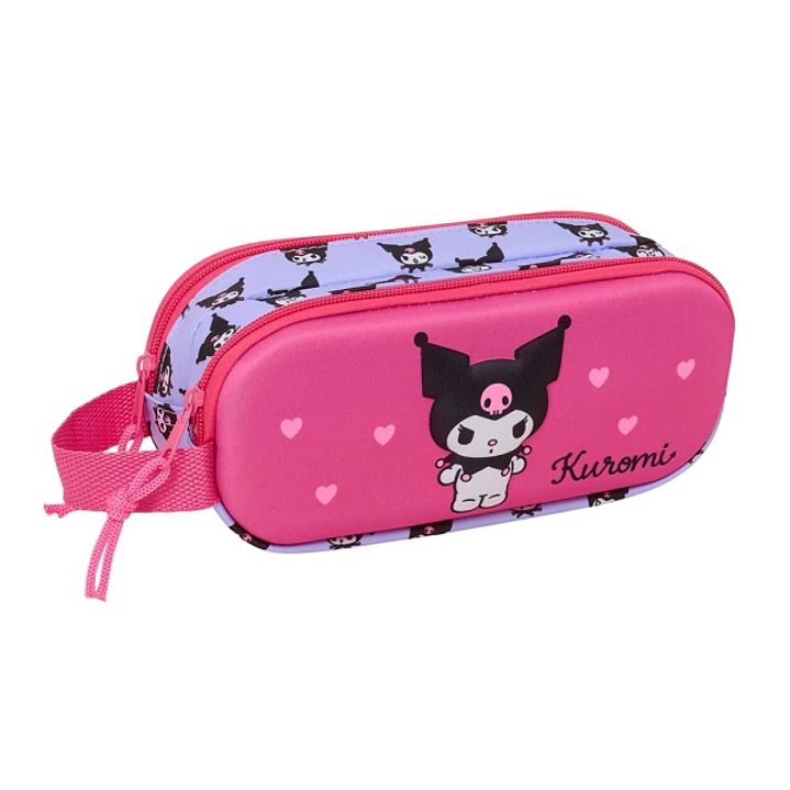 Safta Kuromi Portatodo 3D - 2 Compartimentos con Cremallera - Asa Lateral - Capacidad 1L - 21x8x6cm - Color Magenta 1