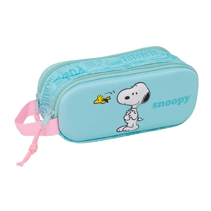 Safta Snoopy Portatodo 3D - 2 Compartimentos con Cremallera - Asa Lateral - Capacidad 1L - 21x8x6cm - Color Azul Pastel 1