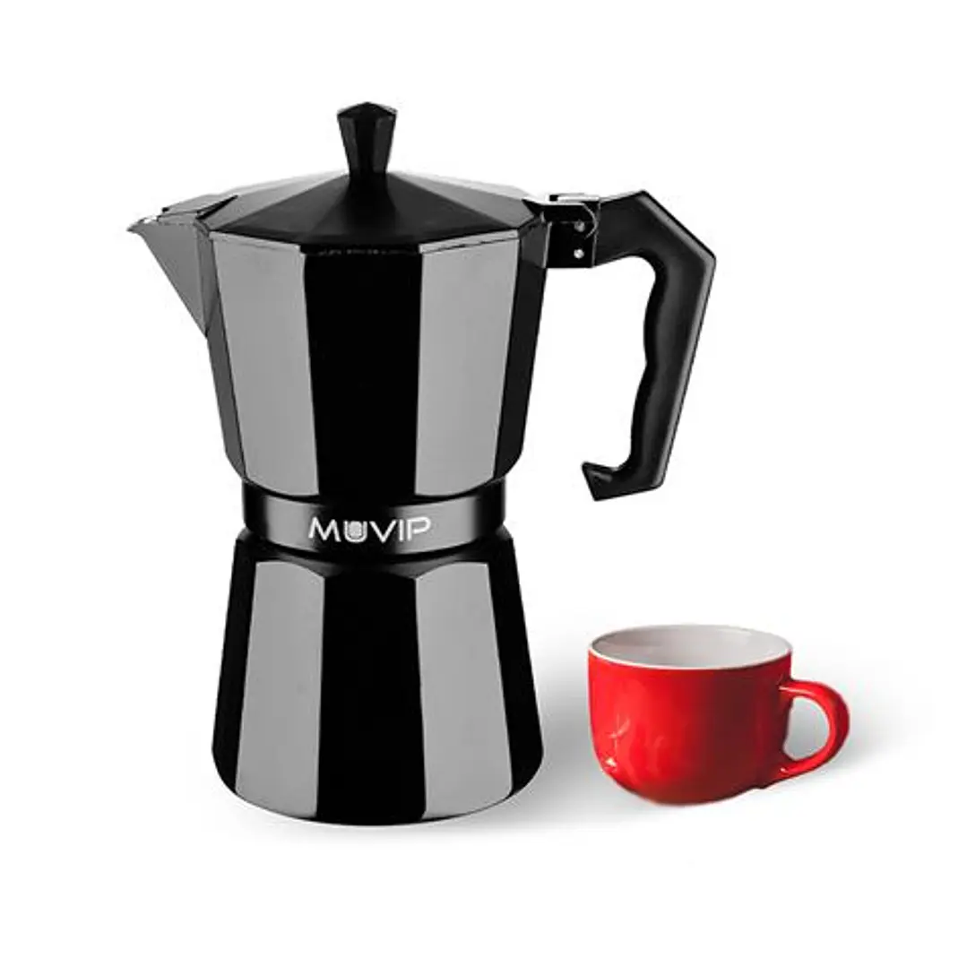 Muvip MV0603 Cafetera de Aluminio - Capacidad 1 Taza - Mango Ergonomico - Antiadherente - Apta para Placas Electricas, Vitroceramicas y Gas - Color Ne 1