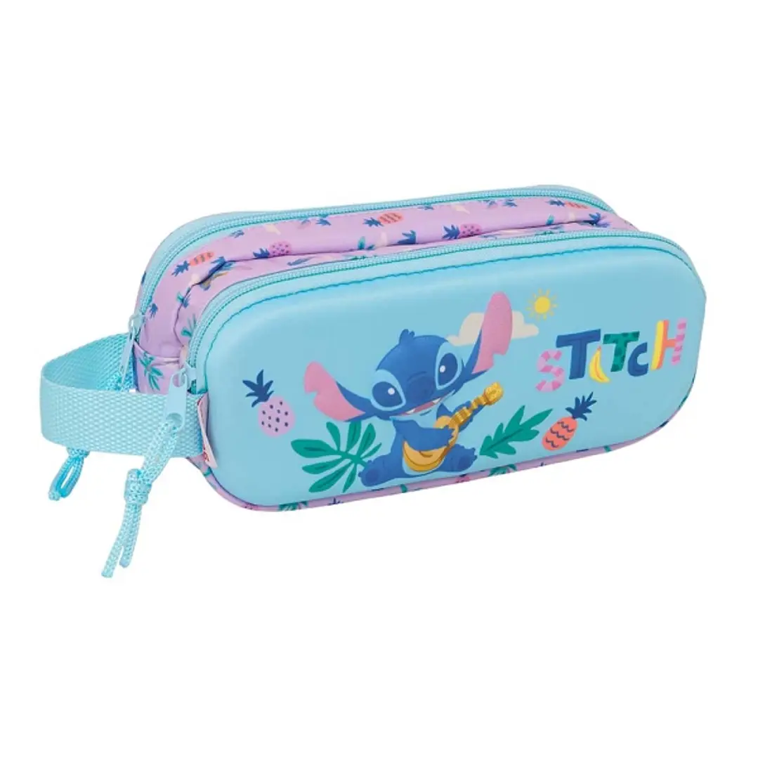 Safta Stitch Portatodo 3D - 2 Compartimentos con Cremallera - Asa Lateral - Capacidad 1L - 21x8x6cm - Color Azul Pastel 1