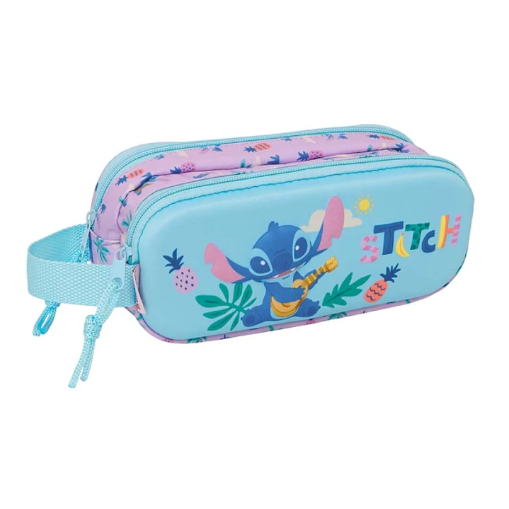Safta Stitch Portatodo 3D - 2 Compartimentos con Cremallera - Asa Lateral - Capacidad 1L - 21x8x6cm - Color Azul Pastel 1