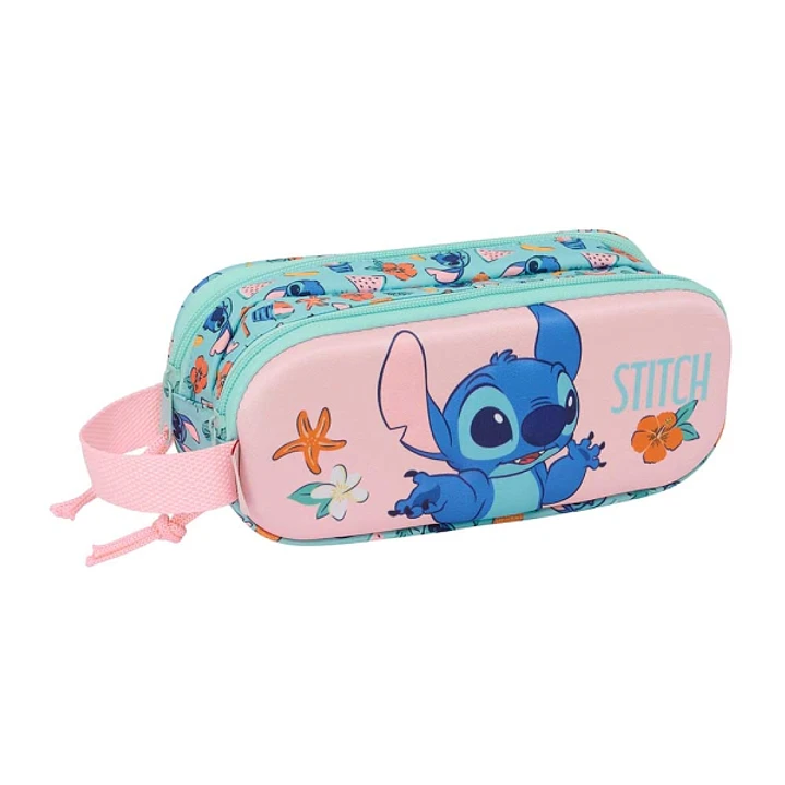 Safta Stitch Portatodo 3D - 2 Compartimentos con Cremallera - Asa Lateral - Capacidad 1L - 21x8x6cm - Color Rosa 1