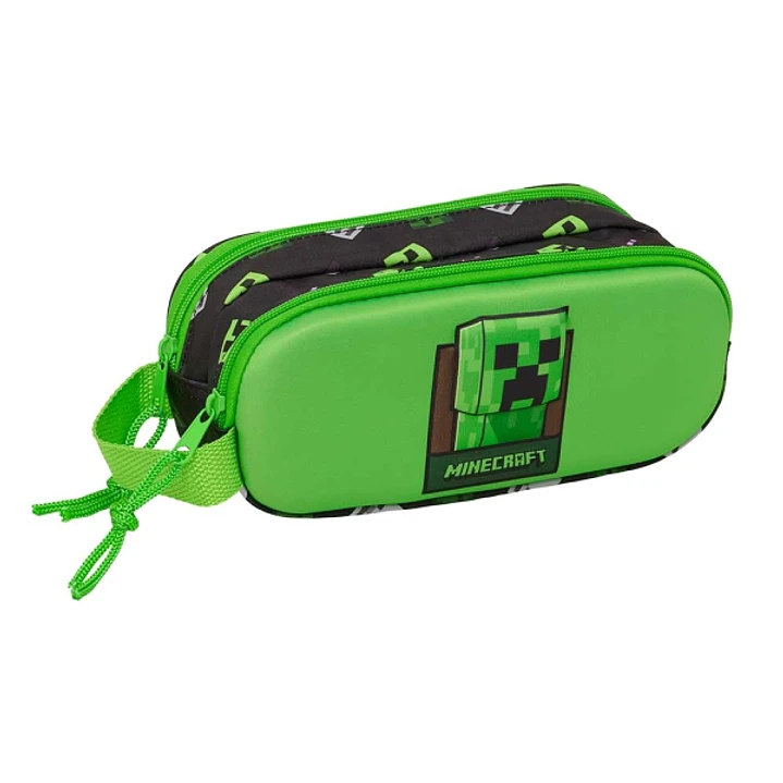 Safta Minecraft Portatodo 3D - 2 Compartimentos con Cremallera - Asa Lateral - Capacidad 1L - 21x8x6cm - Color Verde y Negro 1