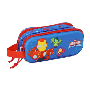 Safta Iron Man Portatodo 3D - 2 Compartimentos con Cremallera - Asa Lateral - Capacidad 1L - 21x8x6cm - Color Azul Oscuro