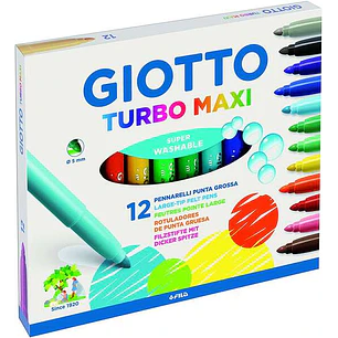 Giotto Turbo Maxi Pack de 12 Rotuladores - Punta Gruesa  5mm - Tinta al Agua - Lavable - Colores Surtidos