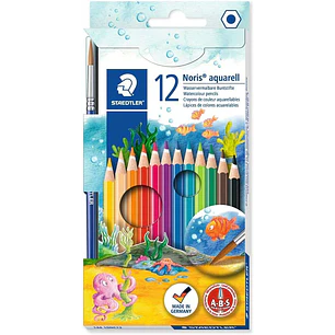 Staedtler Noris Aquarell Pack de 12 Lapices Hexagonales de Colores + Pincel - Refuerzo de Mina para Mayor Resistencia a la Rotura - Madera de Bosques 