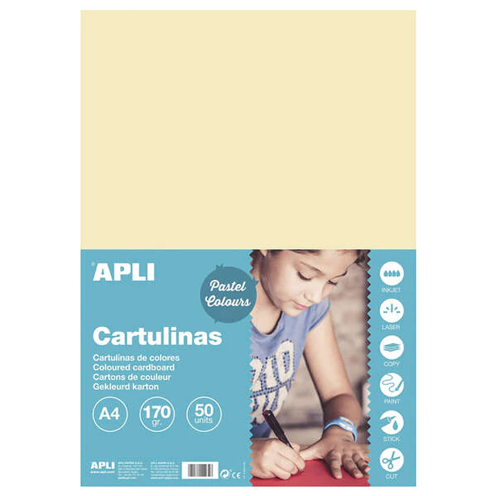 Apli Pack de 50 Cartulinas A4 170g - Libre de Acidos - Aptas para Uso Escolar - Color Marfil 1