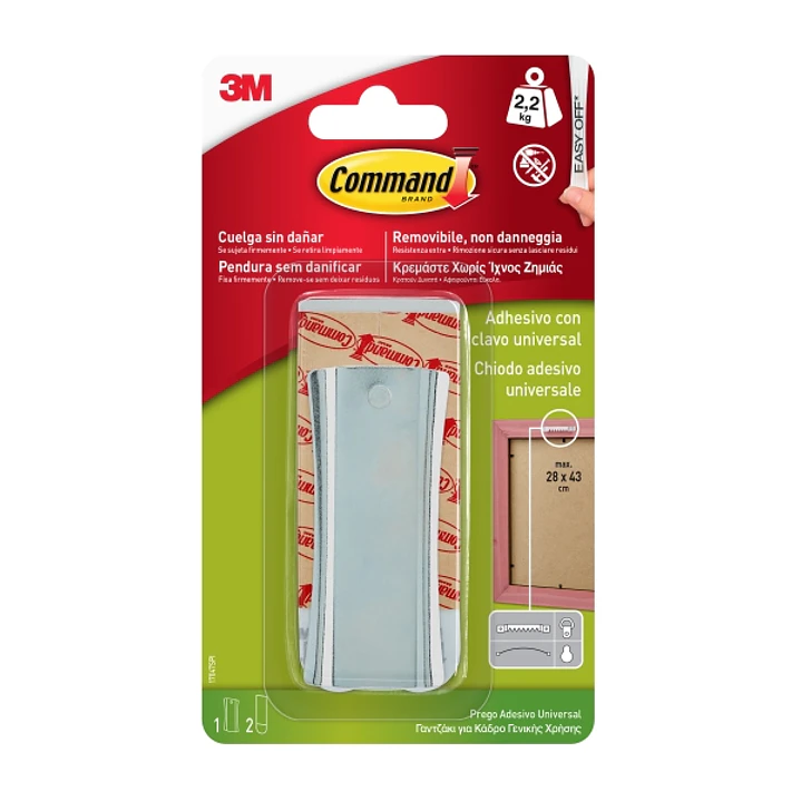 Command Universal Soporte Adhesivo con Clavo para Colgar - 2 Tiras Adhesivas - Universal - Soporta hasta 2.2kg - Color Plata 1