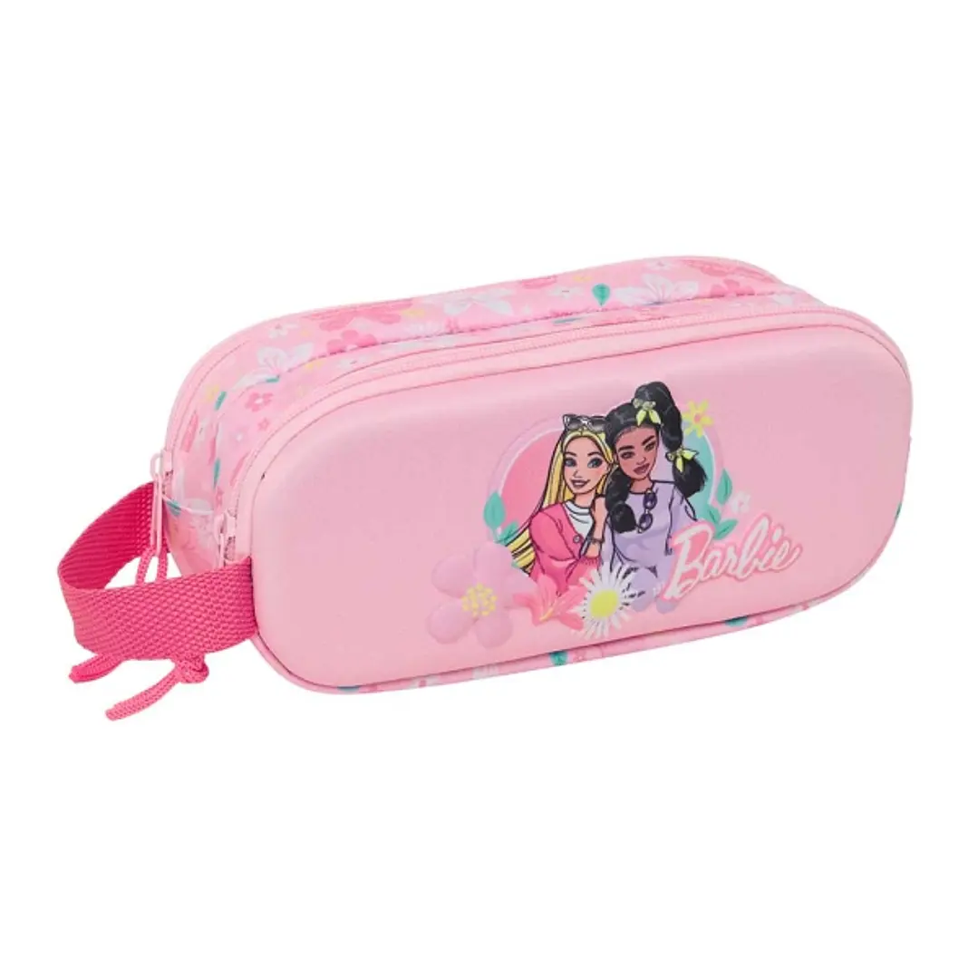 Safta Barbie Portatodo 3D - 2 Compartimentos con Cremallera - Asa Lateral - Capacidad 1L - 21x8x6cm - Color Rosa 1
